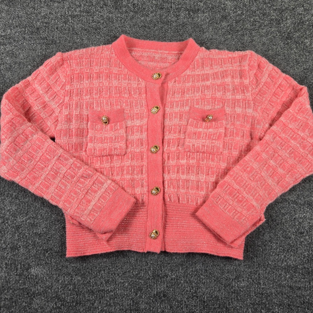 SHEIN Cardigan Sweater Womens Small Pink Textured Metallic Pearl Button SN001